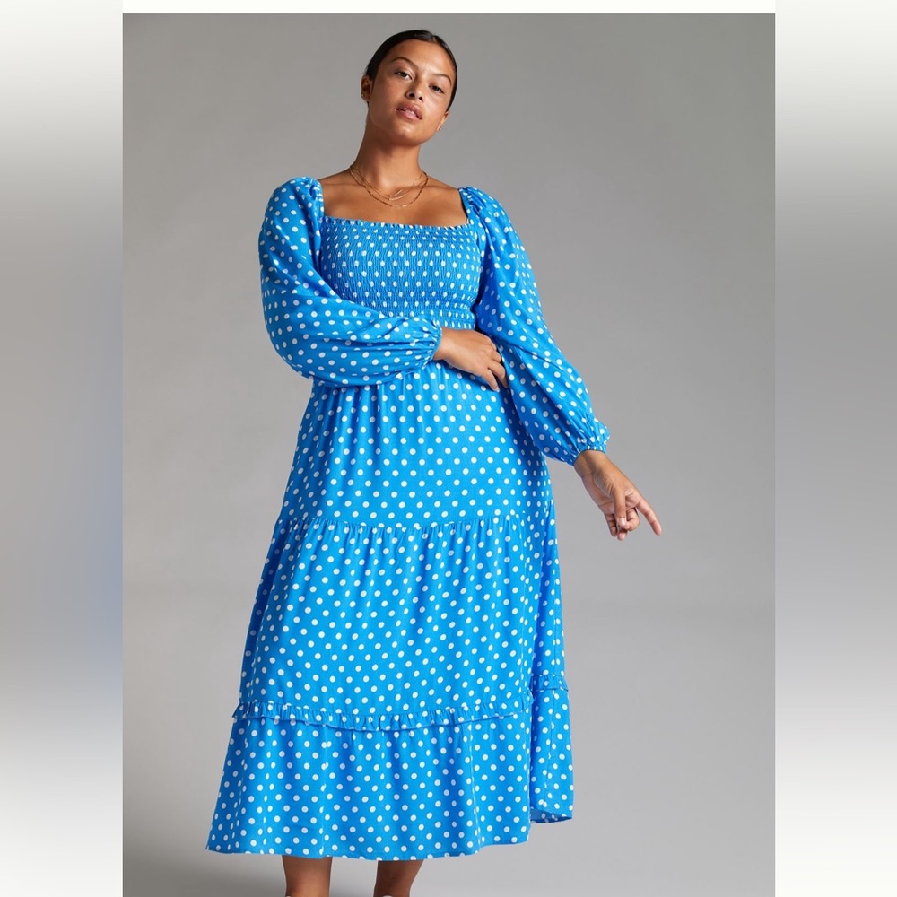 Anthropologie Blue Polka Dot Midi Dress